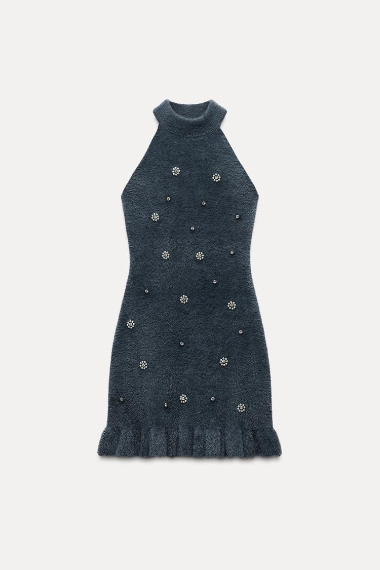 Lola | Gebreide Minikleed met Parels en Gerimpelde Zoom