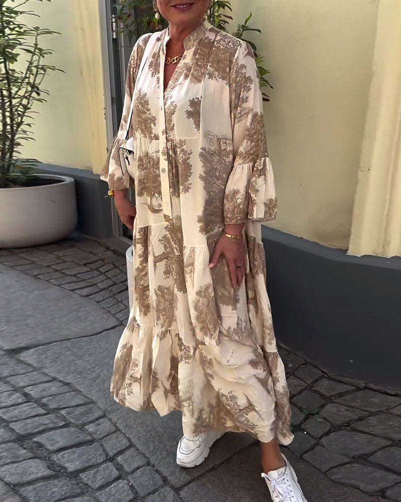 Maxi-jurk met print, volantmouwen & staande kraag – Stijlvol & Luchtig