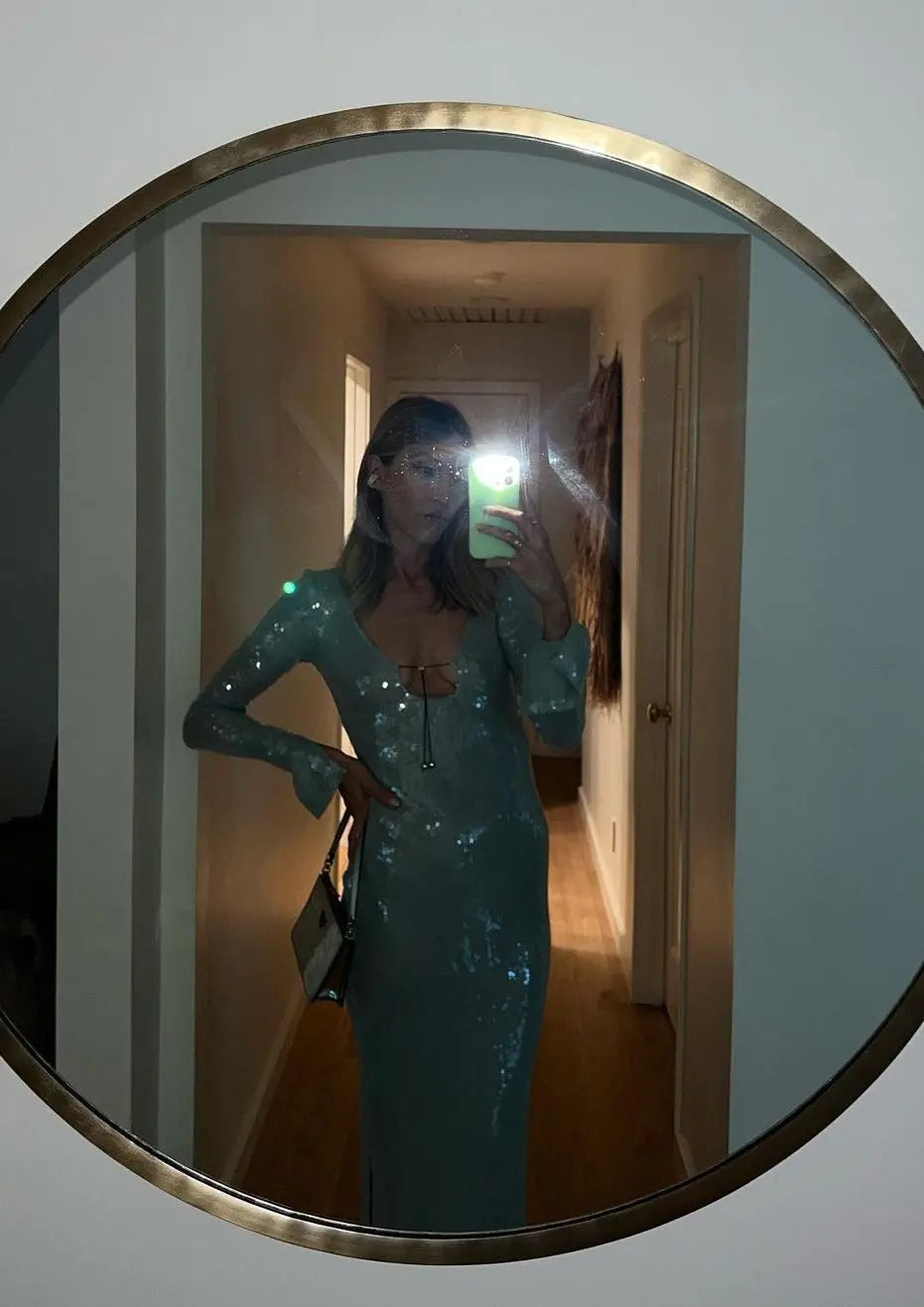 Maya | Spitzen Front Lange Mouwen Mintgroene Glitters Jurk Dames