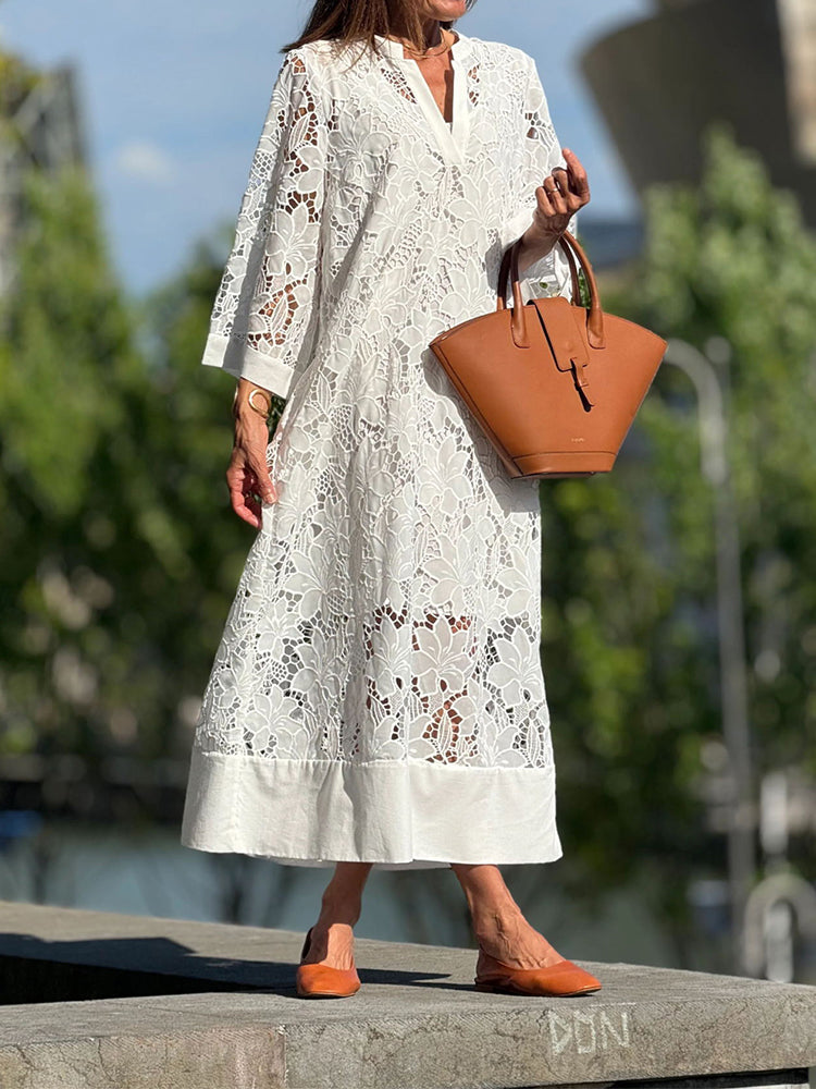 Elegante kantjurk met 3/4-mouwen & hoge kraag – Luchtig & Stijlvol