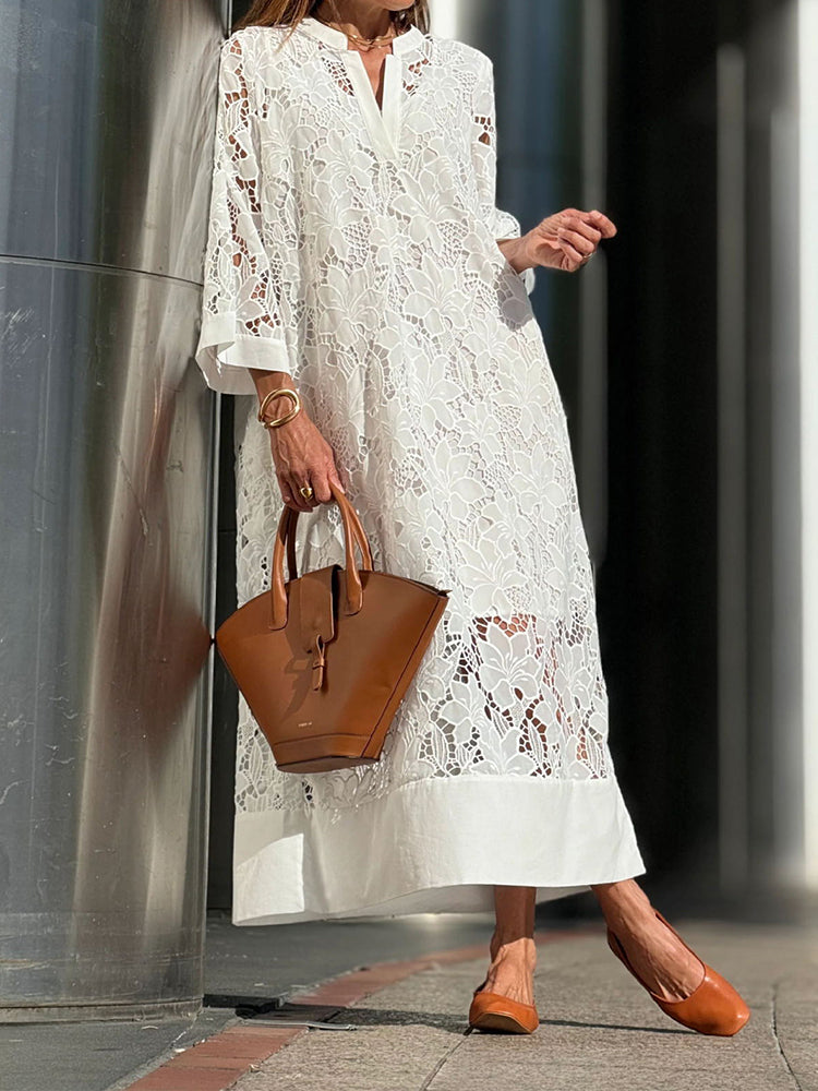 Elegante kantjurk met 3/4-mouwen & hoge kraag – Luchtig & Stijlvol