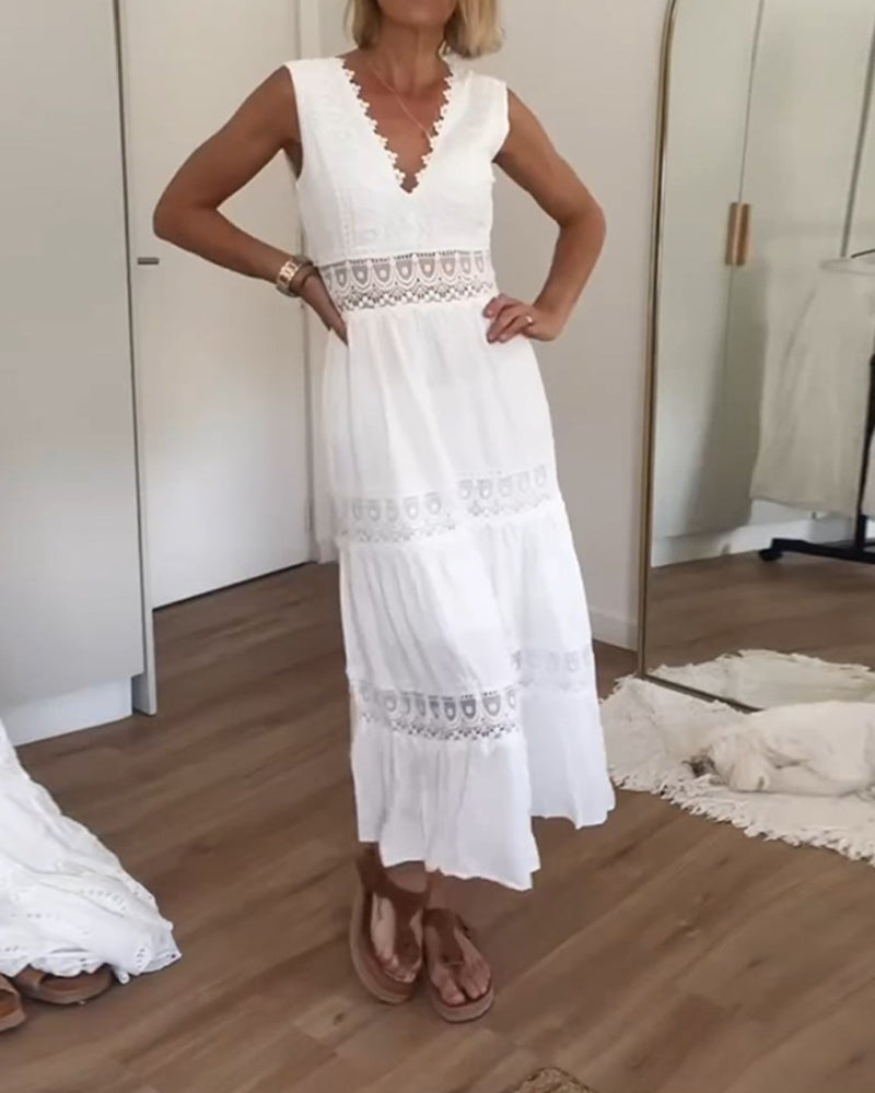 Elegante Midi Zomerjurk met Kant & V-hals – Vrouwelijk & Luchtig