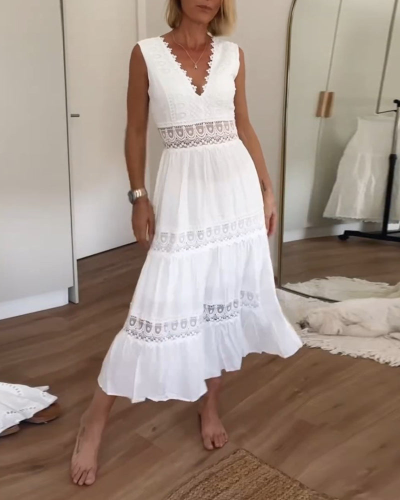 Elegante Midi Zomerjurk met Kant & V-hals – Vrouwelijk & Luchtig