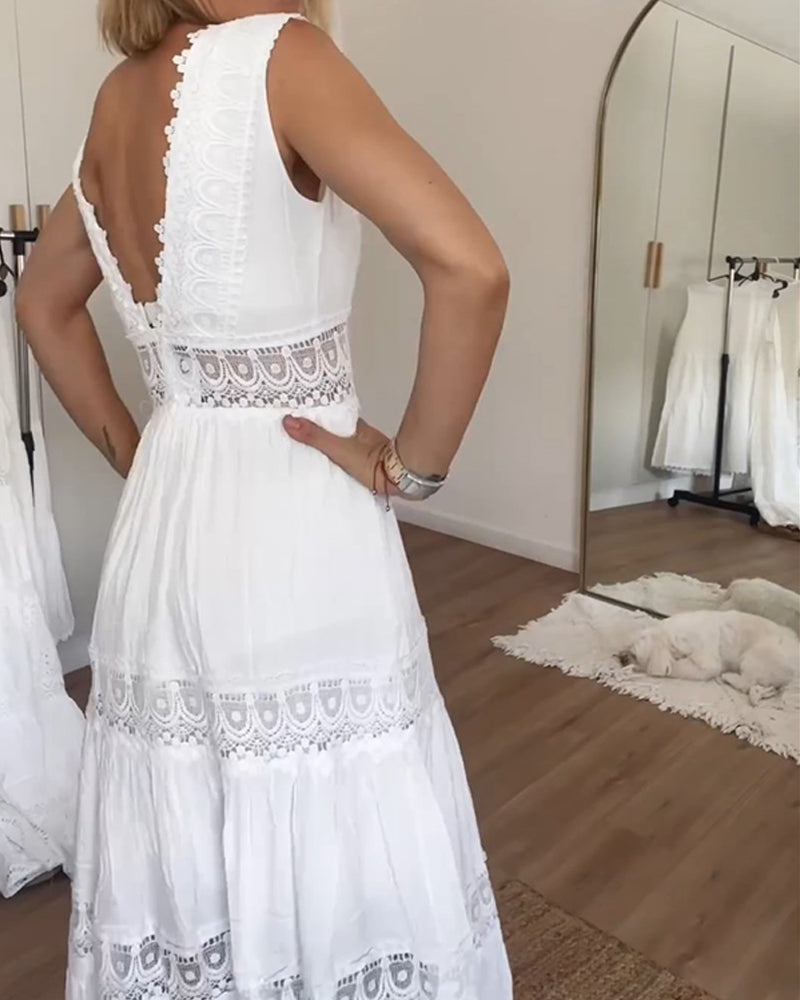 Elegante Midi Zomerjurk met Kant & V-hals – Vrouwelijk & Luchtig