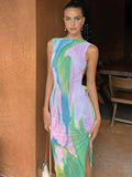 Isla | Mouwloze Maxi-jurk met Waterverfprint – Kunstzinnige Elegantie