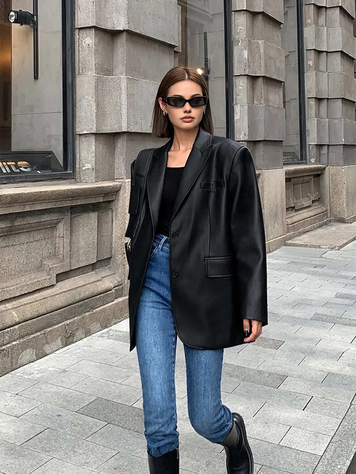Sarah | Leren Blazer met Zakjes en Detail