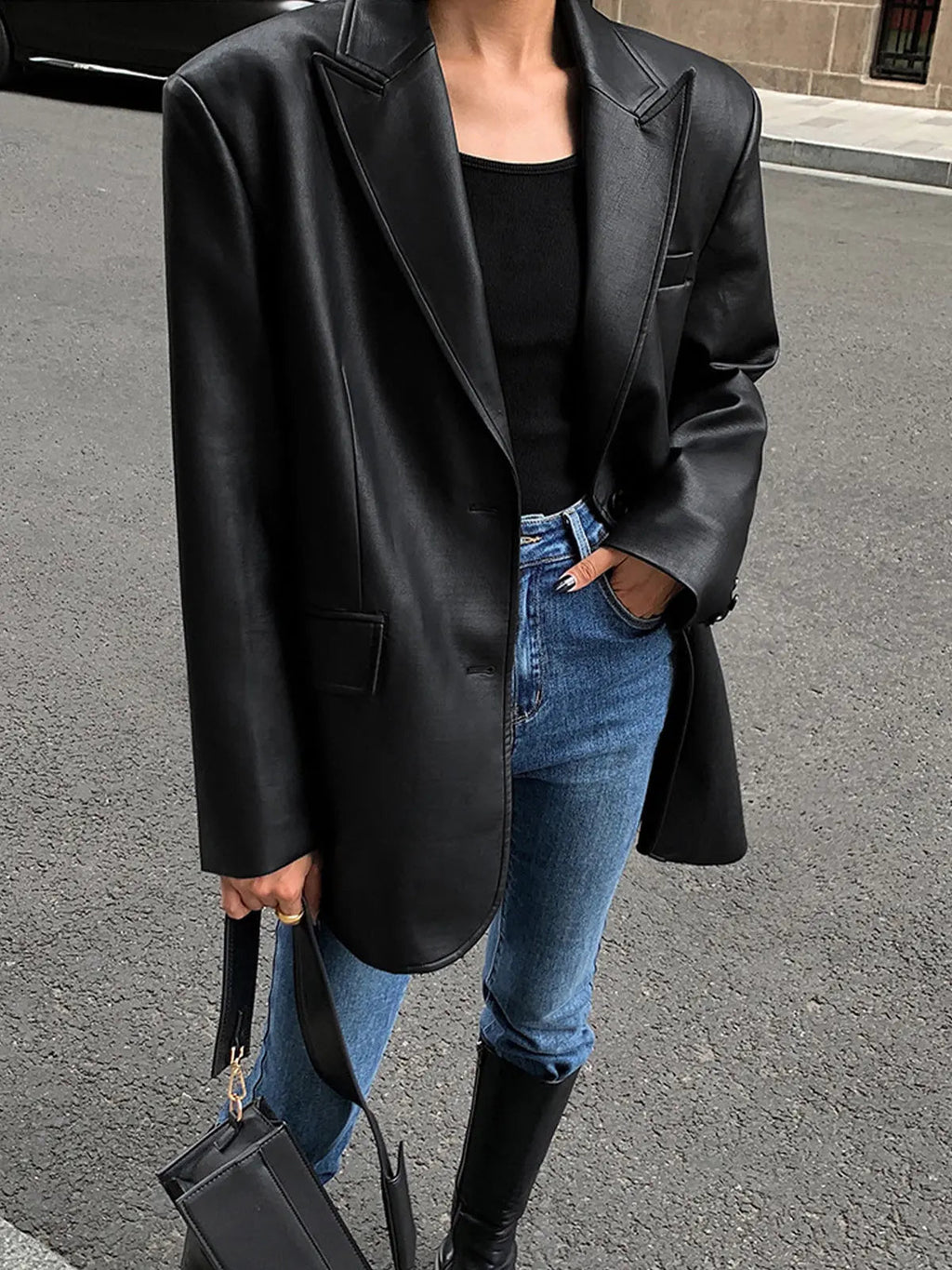 Sarah | Leren Blazer met Zakjes en Detail