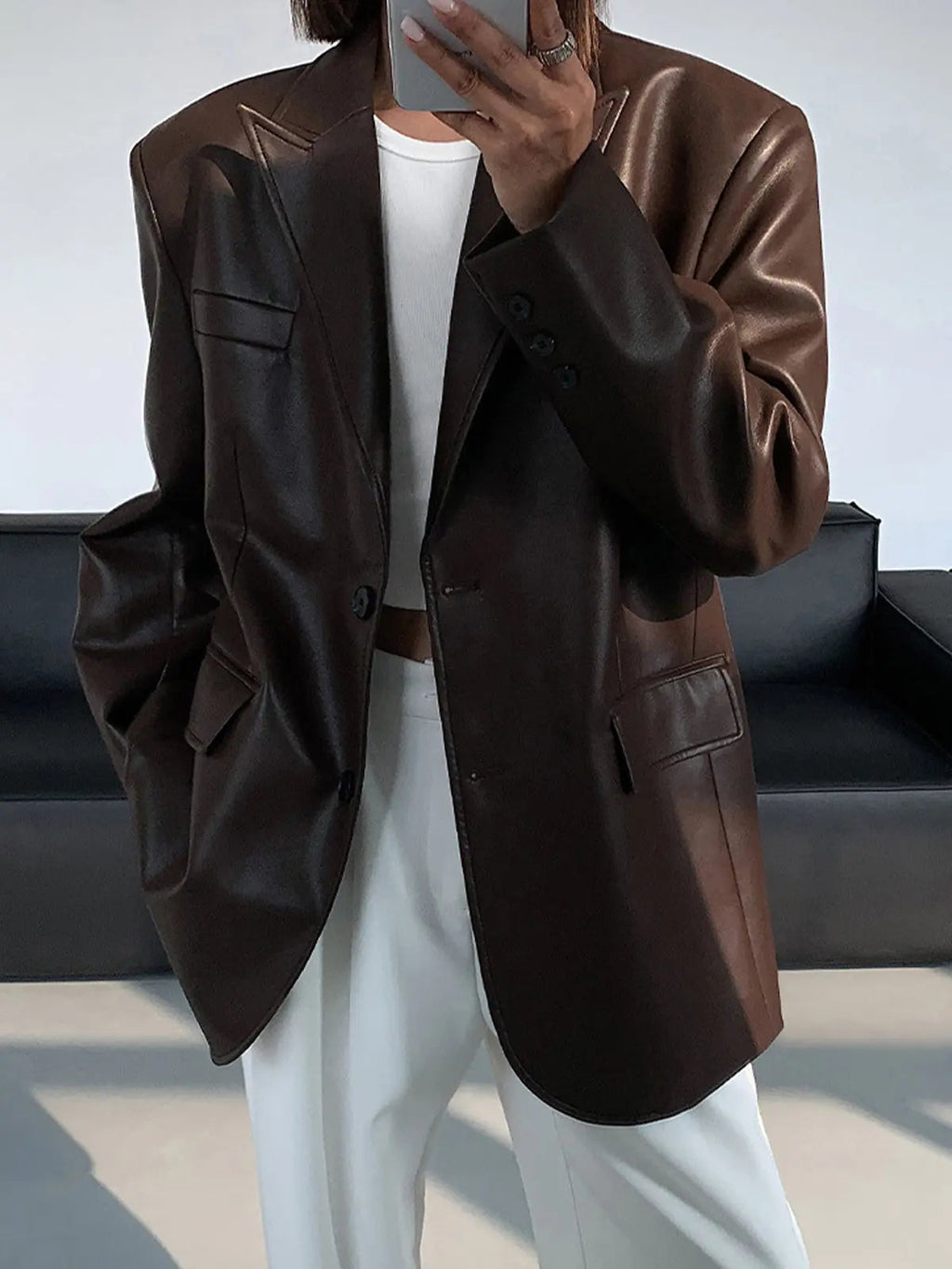 Sarah | Leren Blazer met Zakjes en Detail