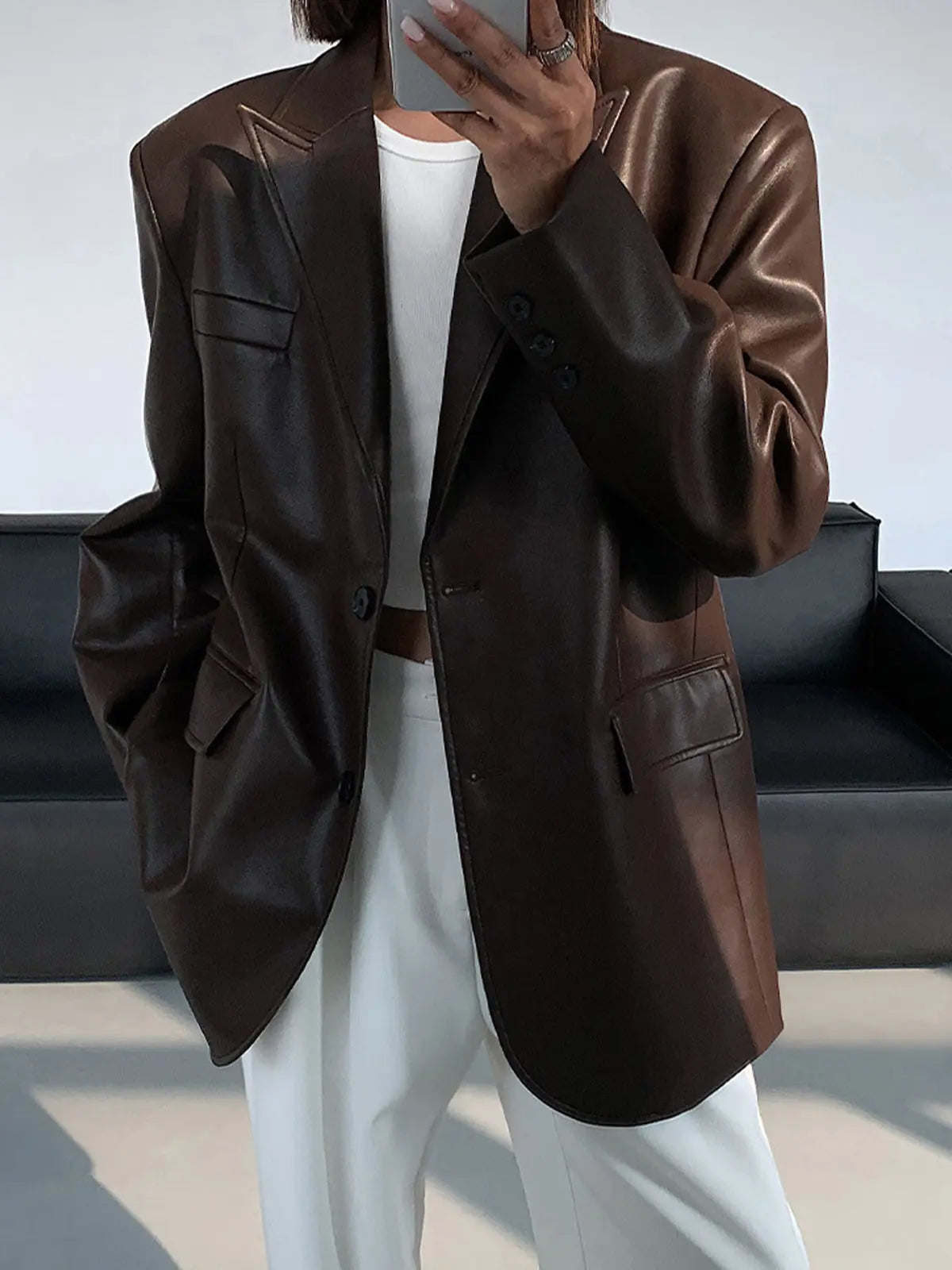 Sarah | Leren Blazer met Zakjes en Detail