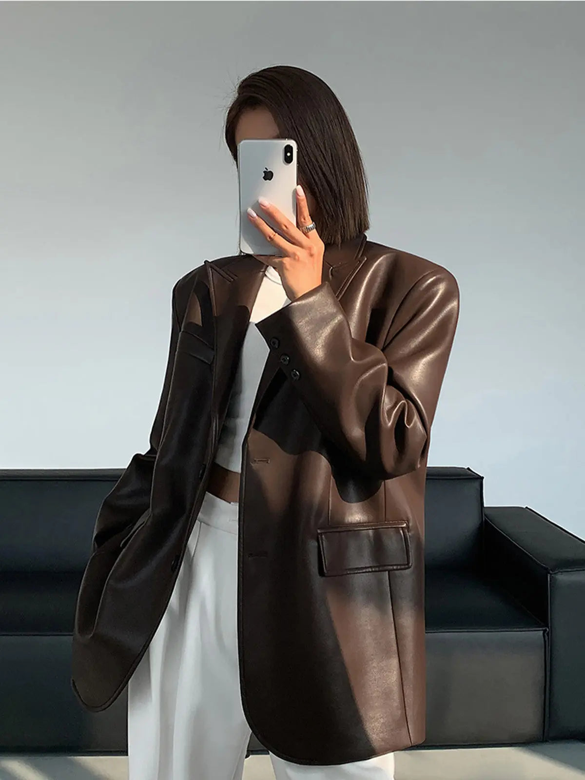 Sarah | Leren Blazer met Zakjes en Detail