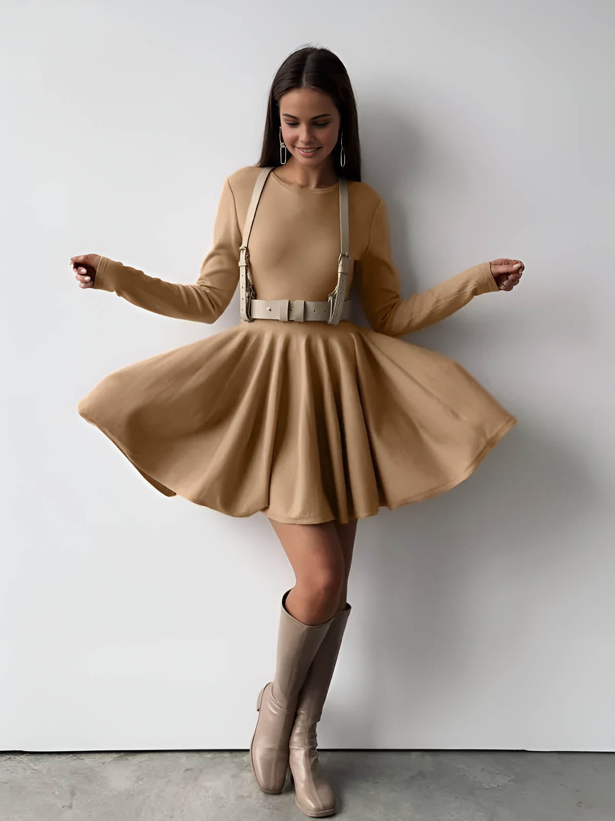 Alina | Elegante Dames Skaterjurk in Crème met Lange Mouwen