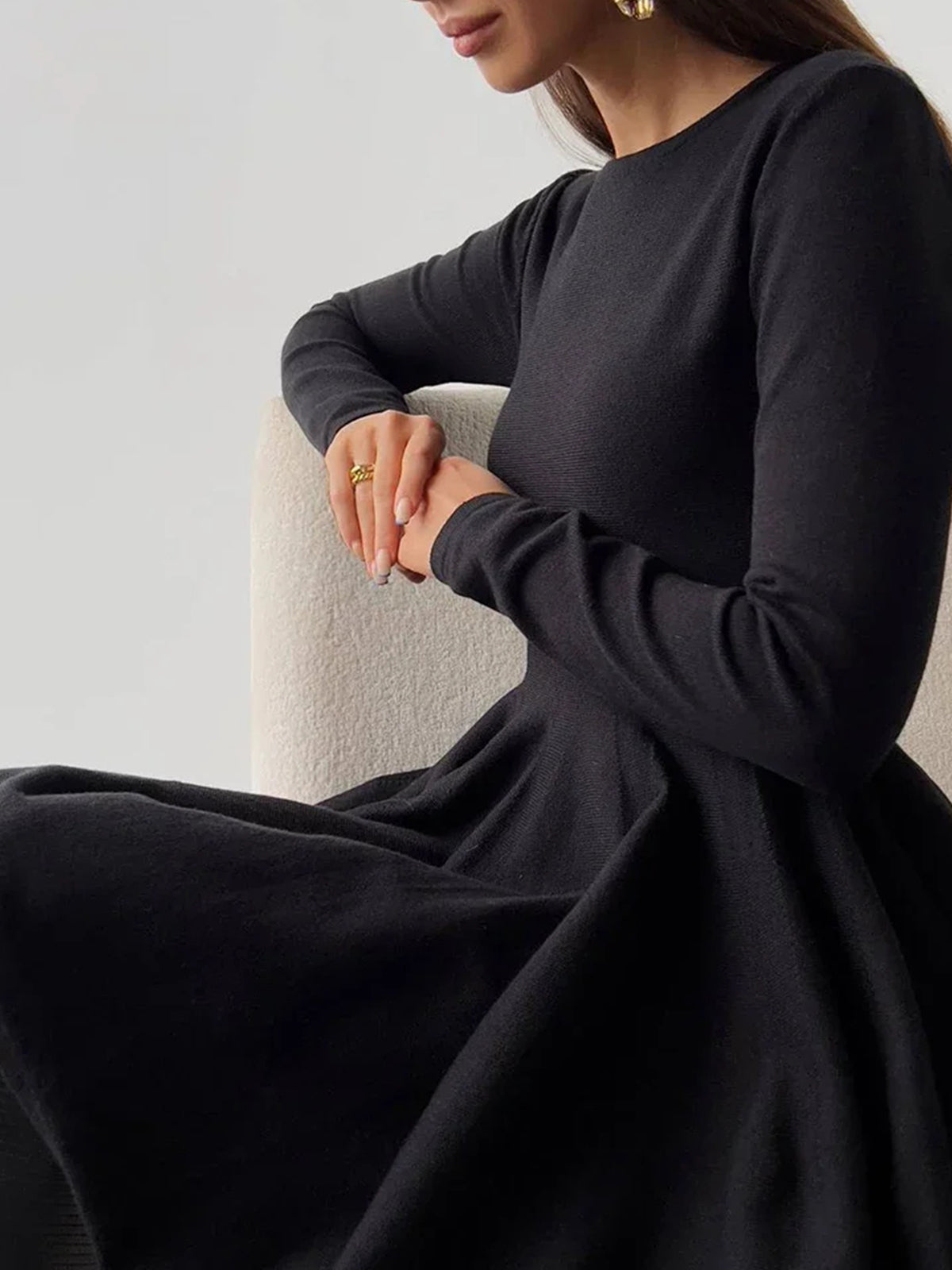 Alina | Elegante Dames Skaterjurk in Crème met Lange Mouwen