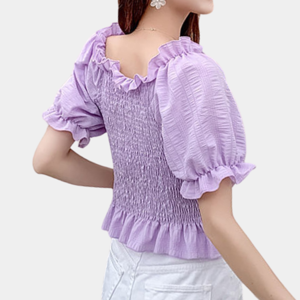 Off Shoulder Top met Smock Taille en Pofmouwen