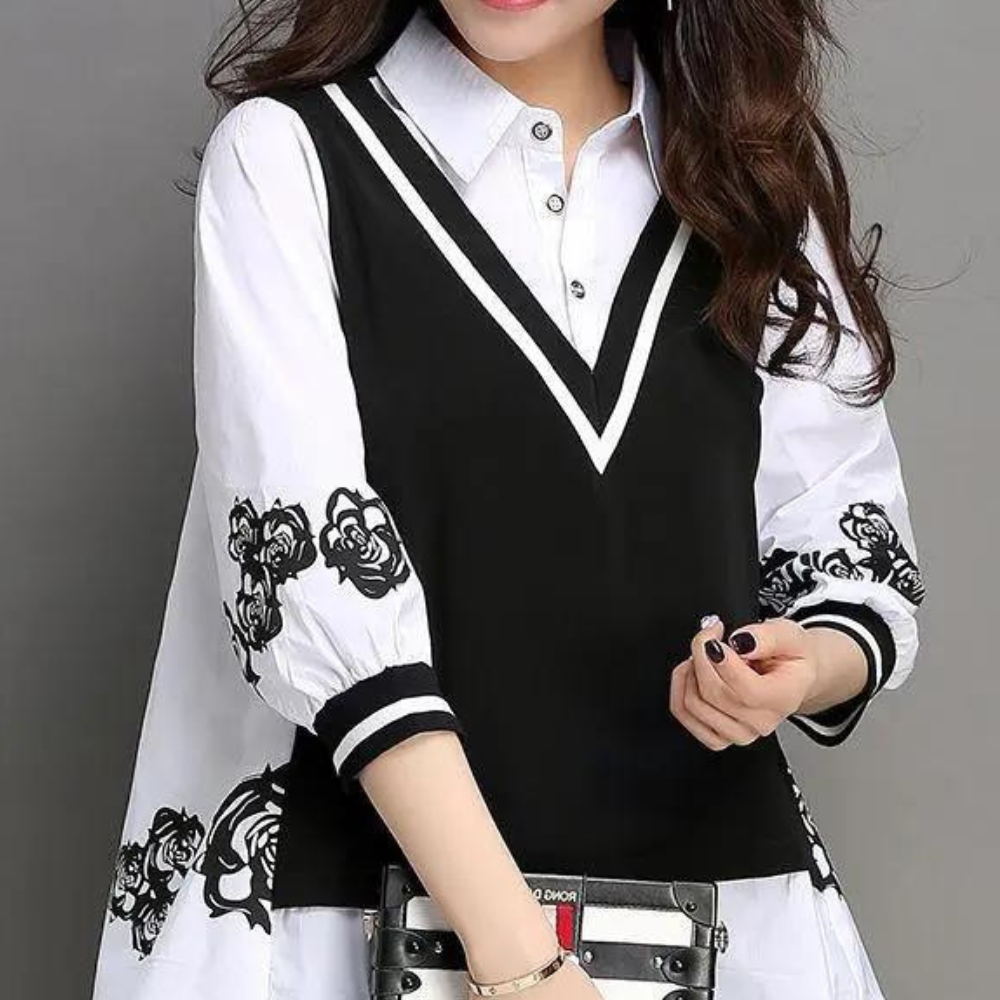 2 Delige Blouse en Vest Set met Contrast Design