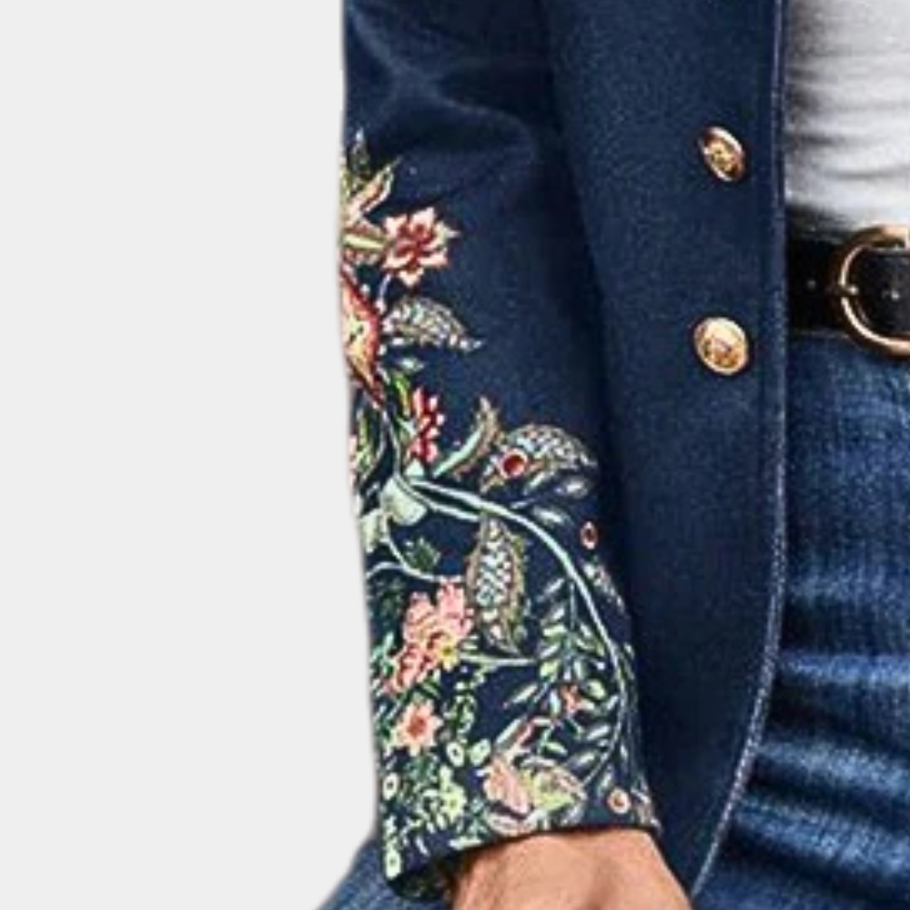 Elegante Blazer met Bloemenborduursel en Gouden Knopen