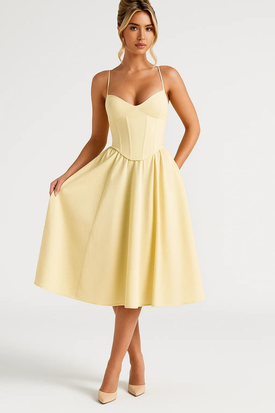 Elegante Midi Jurk met Spaghettibandjes en A Lijn Rok