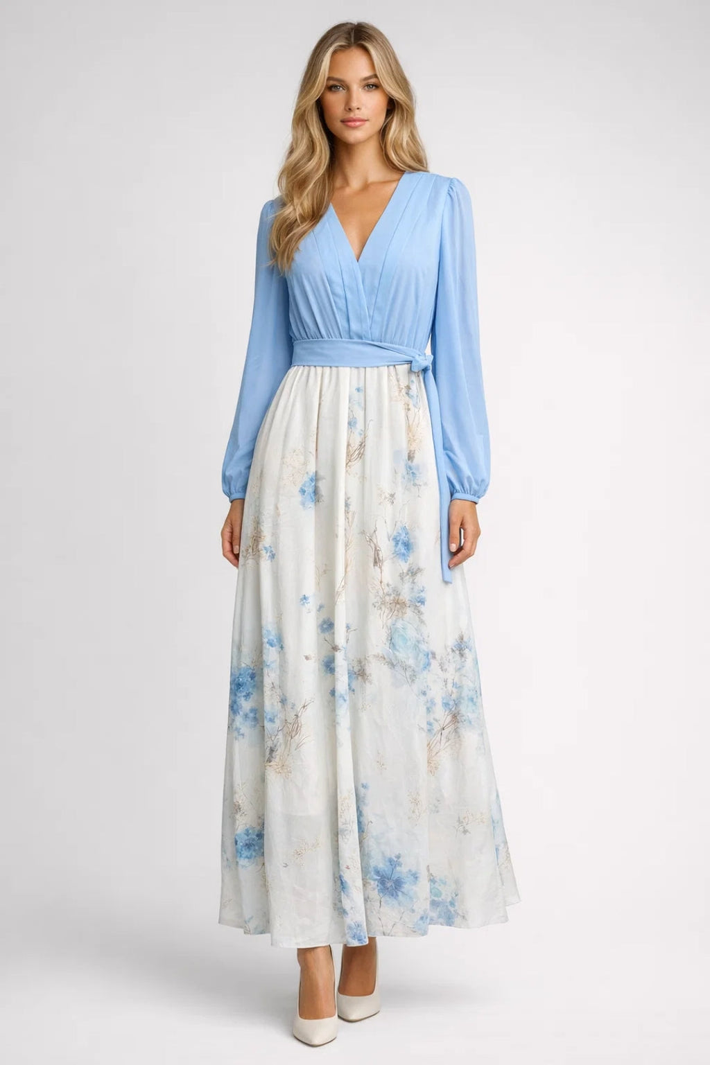 Elegante Maxi Jurk met V Hals en Bloemenprint Rok