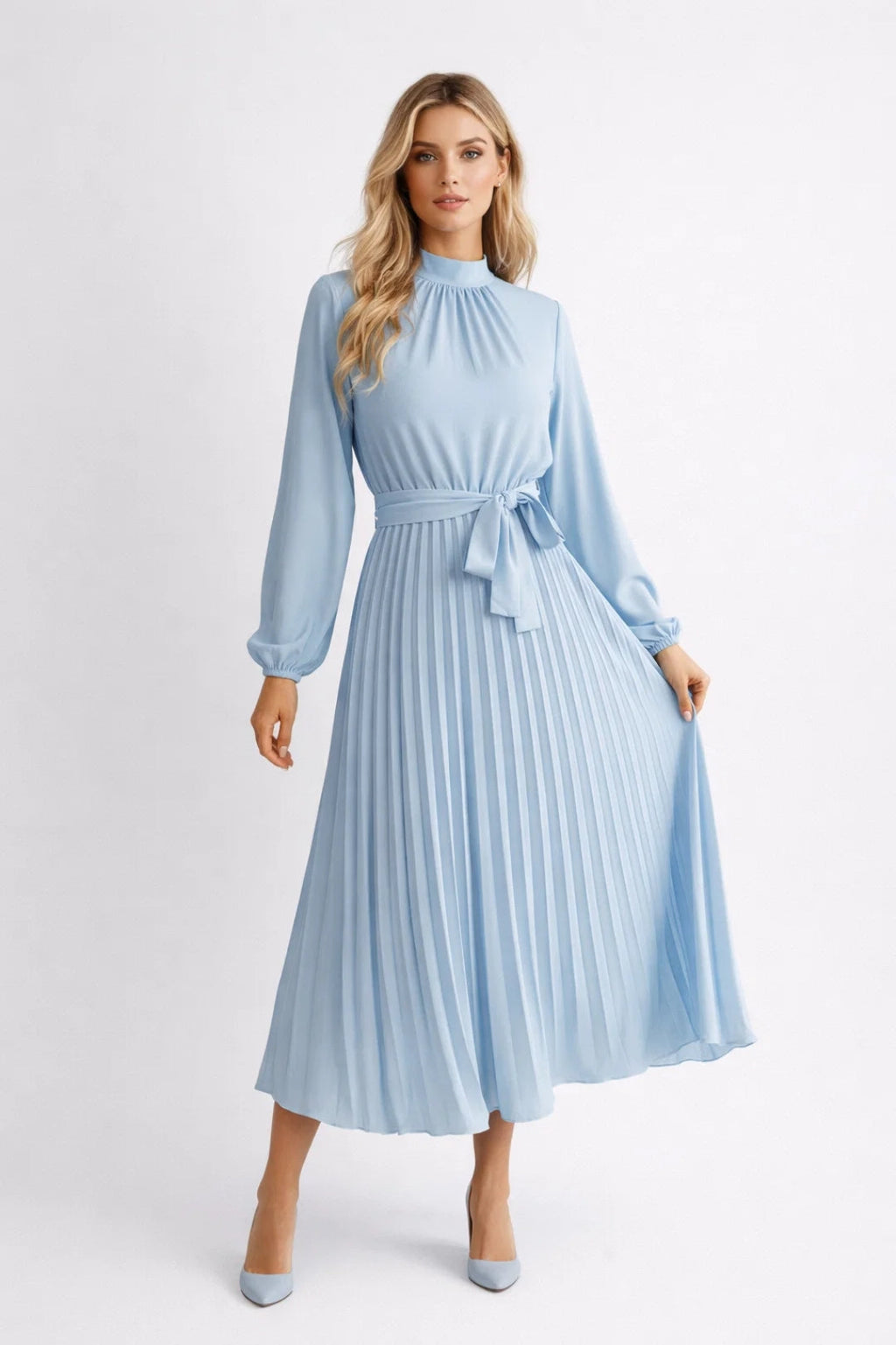 Elegante Midi Jurk met Plooien en Tailleband en Lange Mouwen
