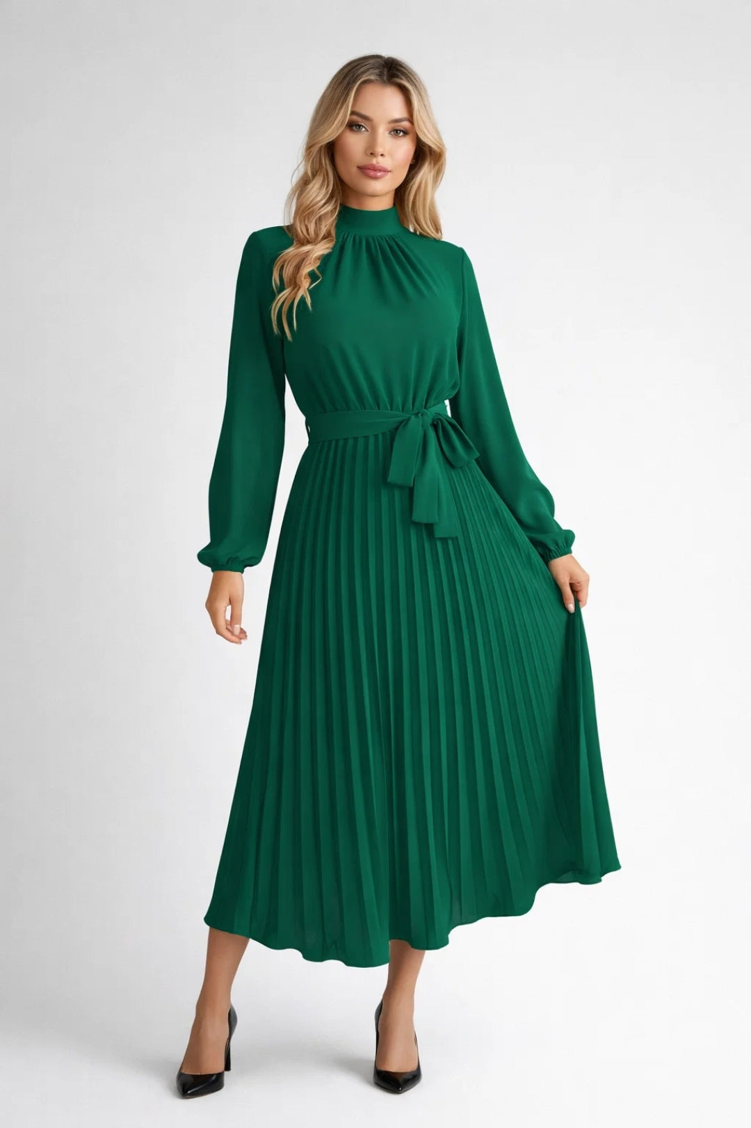 Elegante Midi Jurk met Plooien en Tailleband en Lange Mouwen
