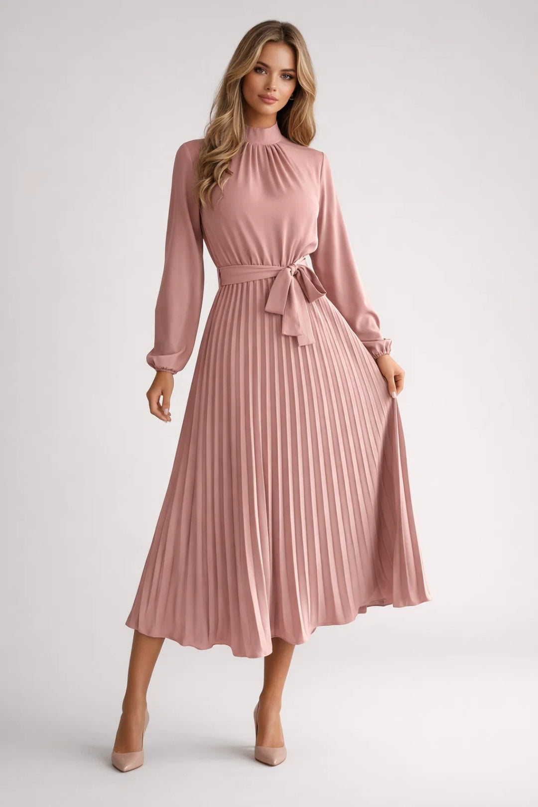 Elegante Midi Jurk met Plooien en Tailleband en Lange Mouwen