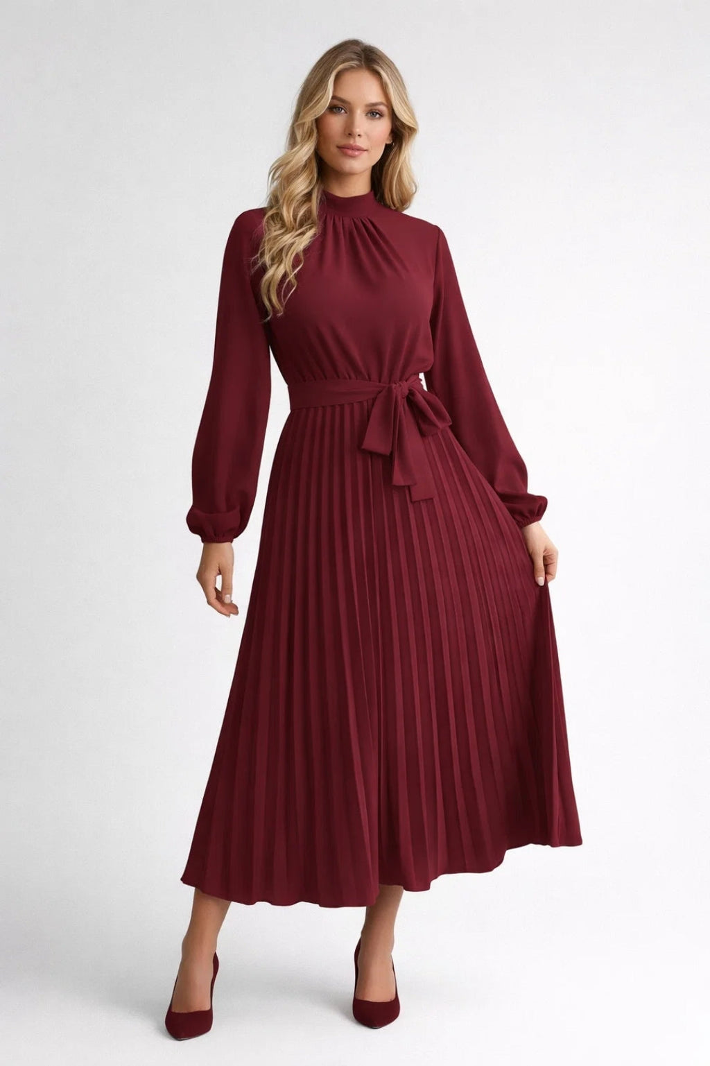Elegante Midi Jurk met Plooien en Tailleband en Lange Mouwen
