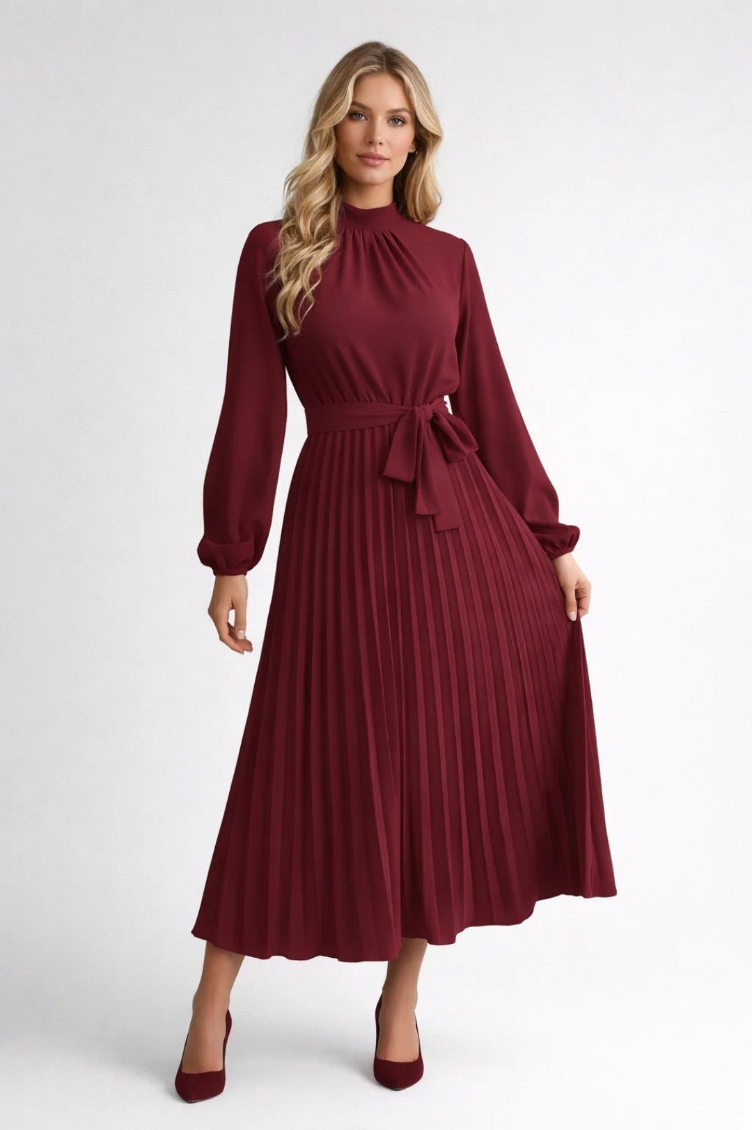 Elegante Midi Jurk met Plooien en Tailleband en Lange Mouwen