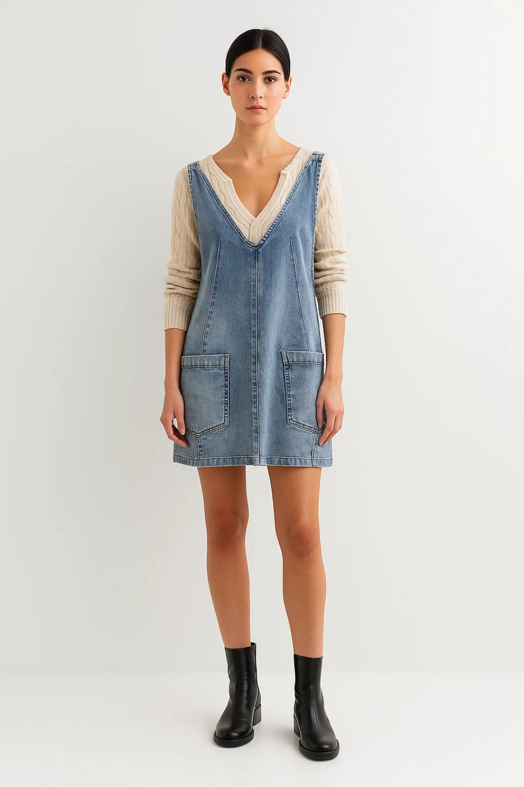 Casual Denim Mini Jurk met V Hals en Mouwloos Design