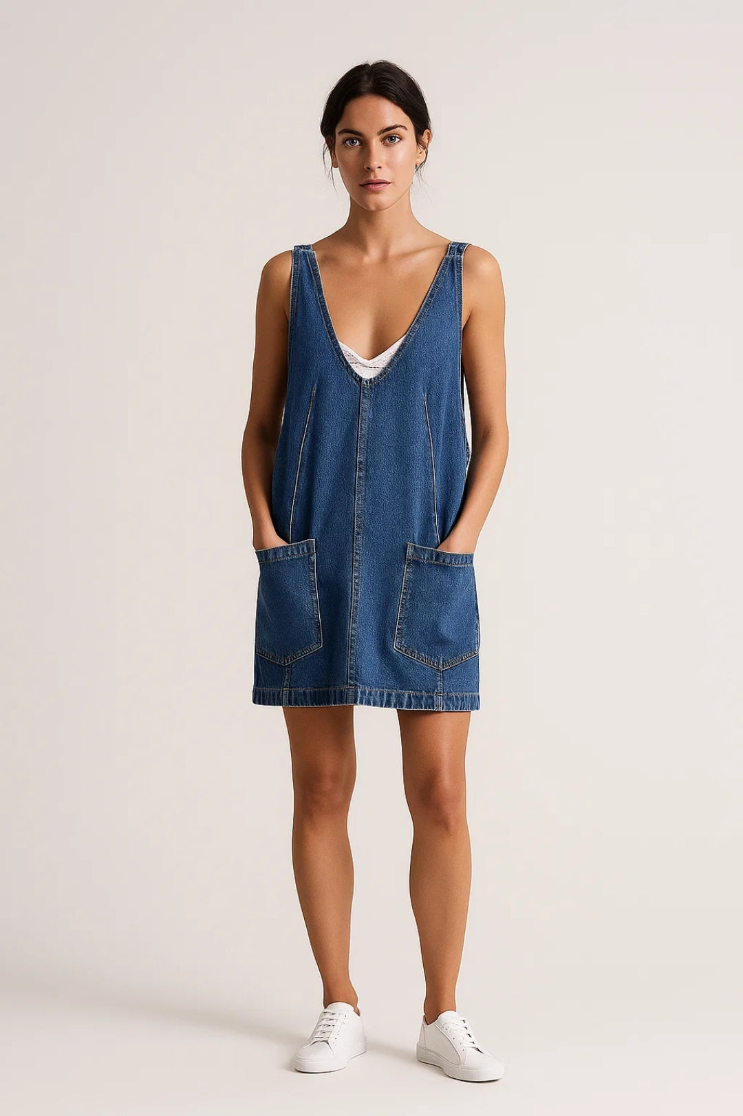 Casual Denim Mini Jurk met V Hals en Mouwloos Design