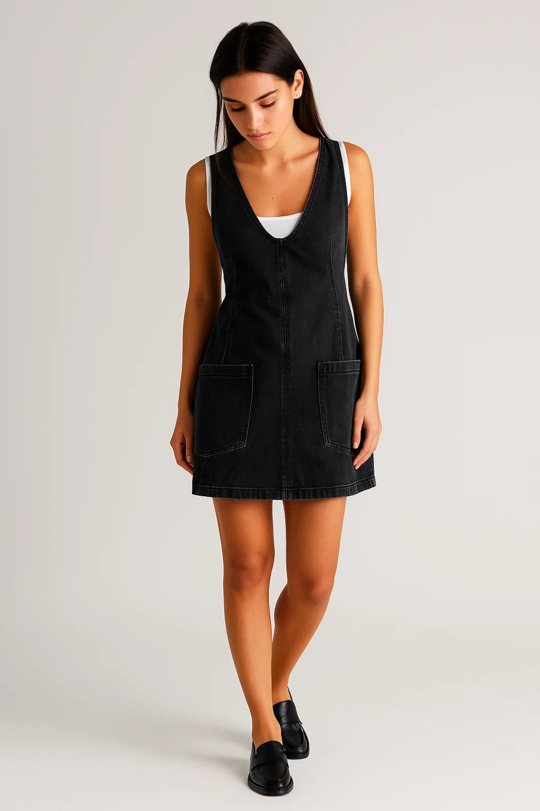 Casual Denim Mini Jurk met V Hals en Mouwloos Design