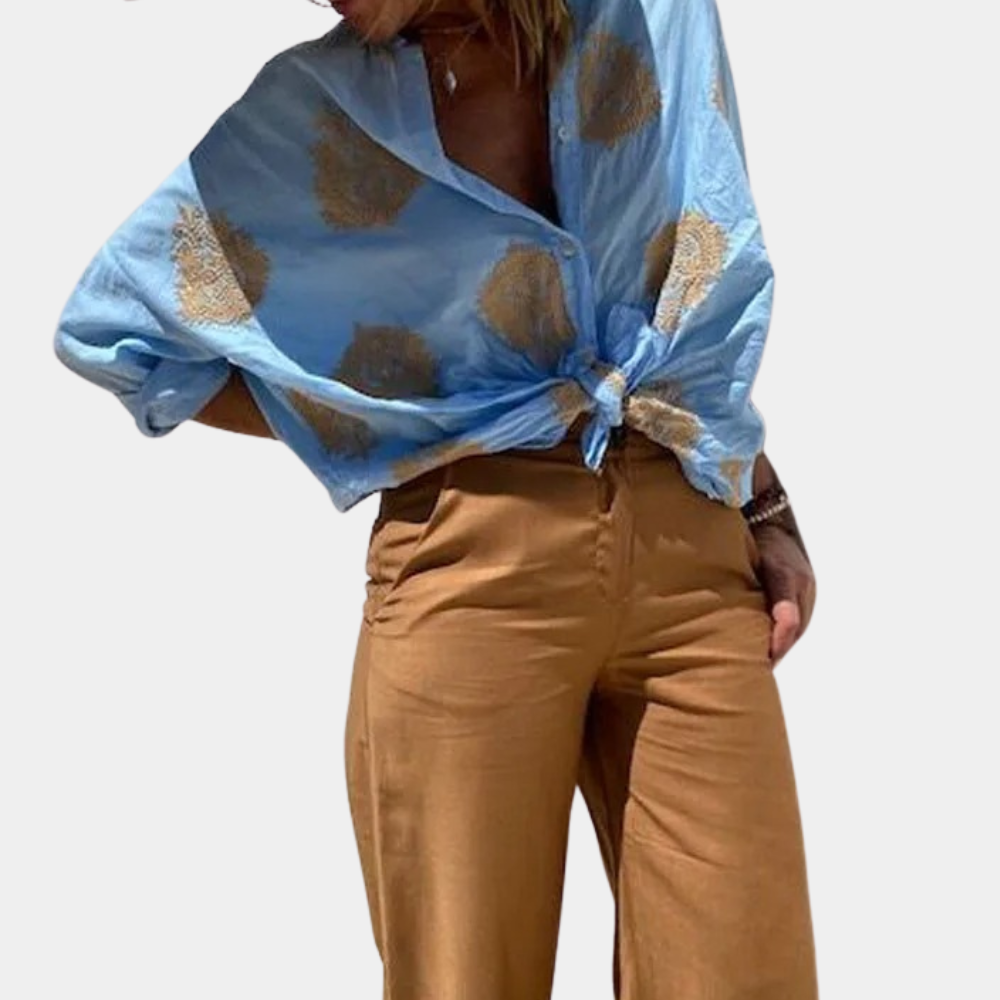 Blouse met Gouden Bladprint en Losvallende Pasvorm