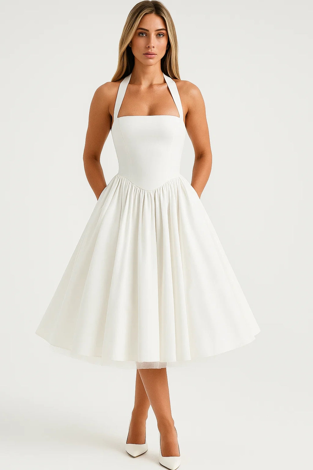 Elegante Halter Midi Jurk met Uitlopende Rok en Tailleaccent