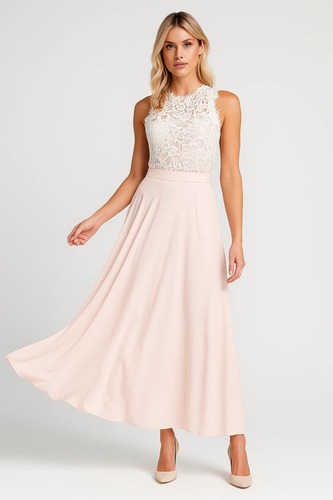 Elegante Maxi Jurk met Kant Top en Zwierige Rok