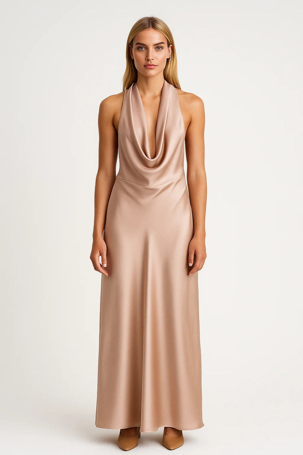 Elegante Maxi Jurk met Halterhals en Watervalhalslijn