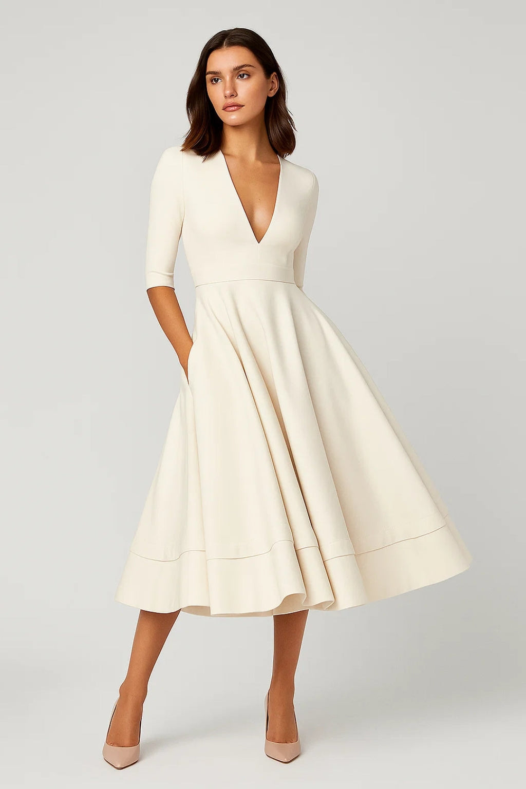 Midi Jurk Dames - V-hals met Driekwart Mouwen | Elegant