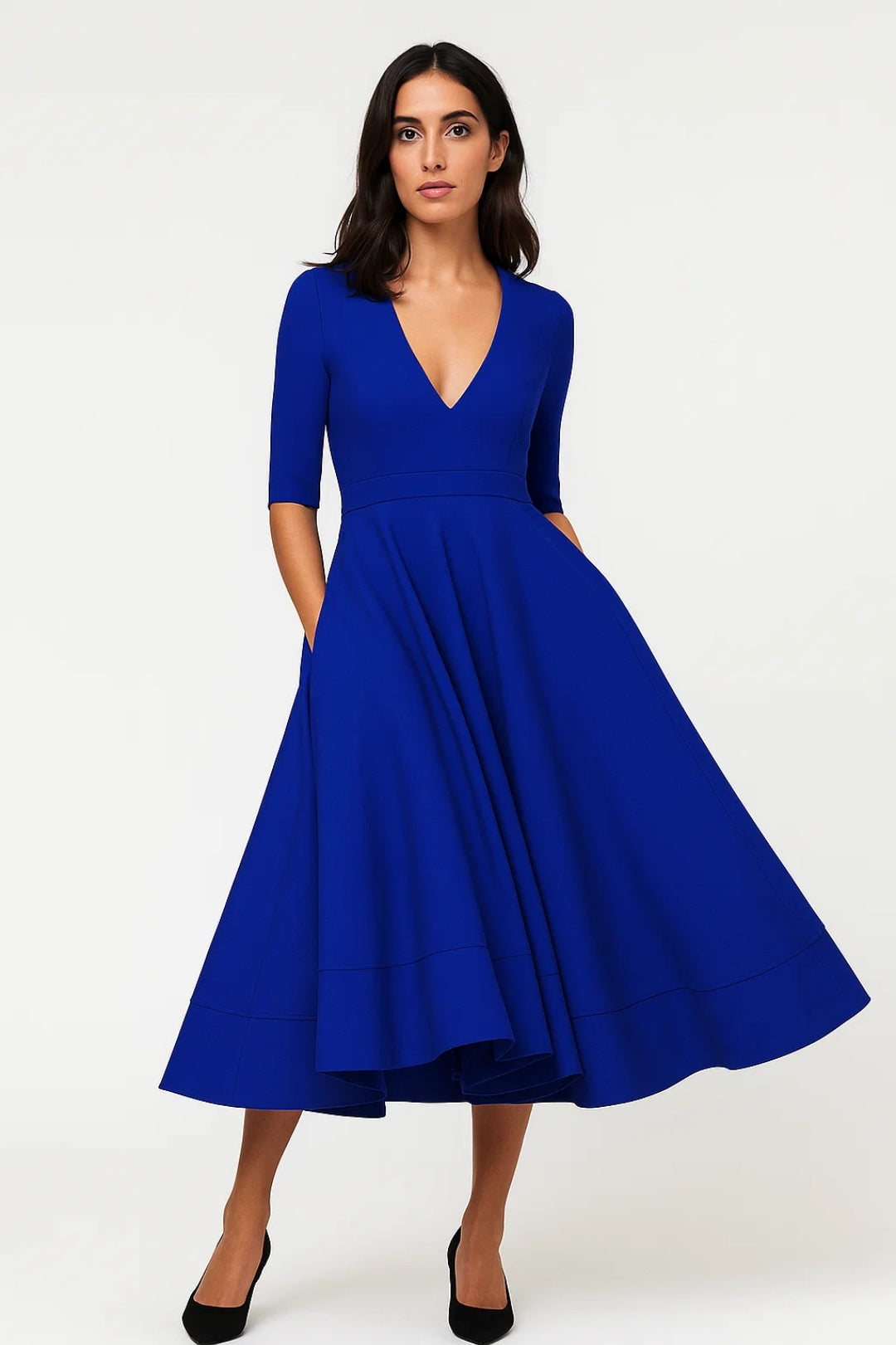 Midi Jurk Dames - V-hals met Driekwart Mouwen | Elegant