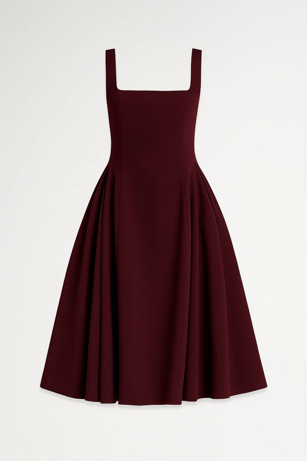 Elegante Midi Jurk met Brede Bandjes en Uitlopende Rok