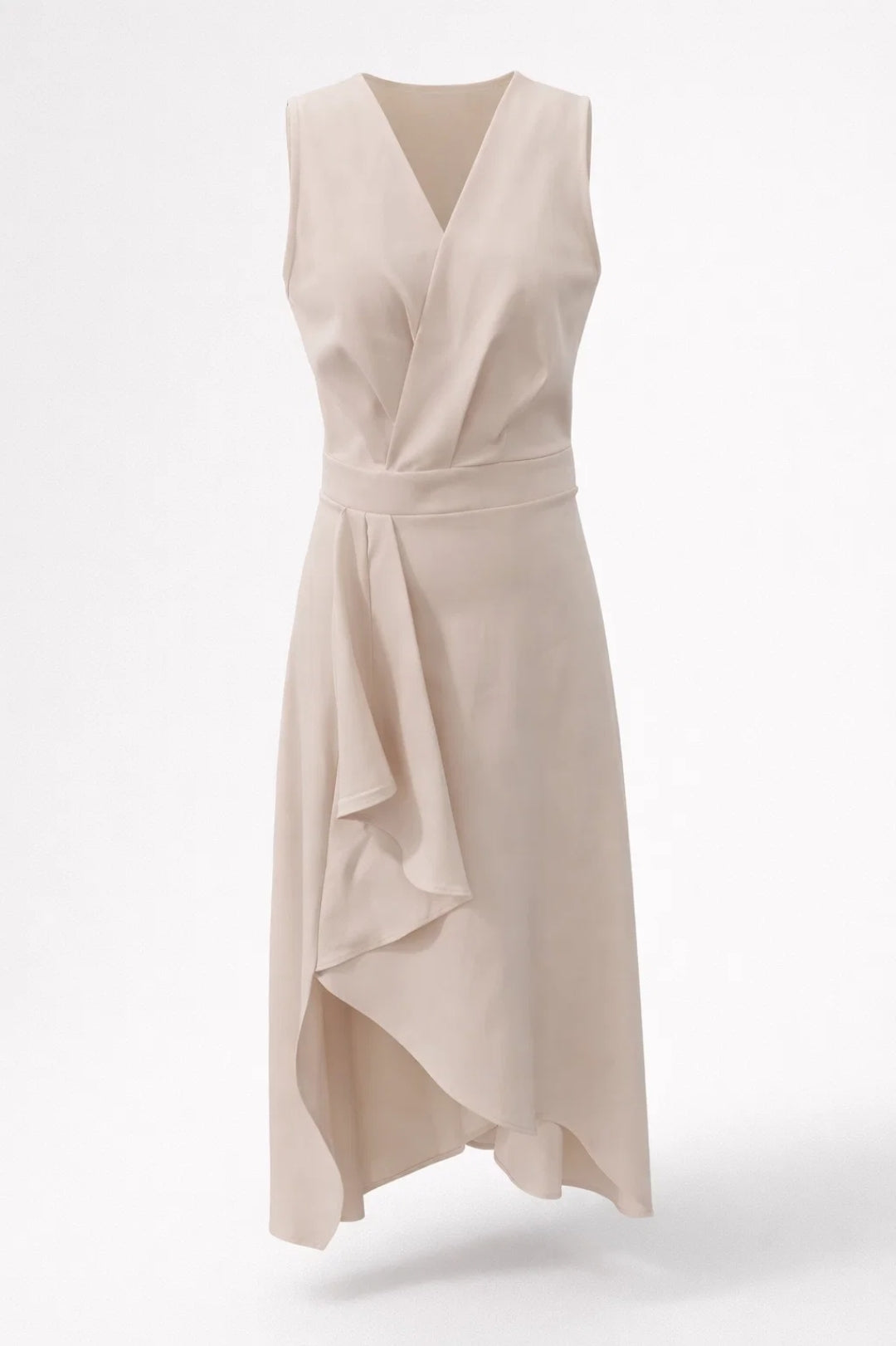 Elegante Midi Jurk met V Hals en Asymmetrische Rok