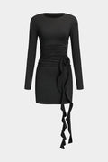 Valeria | Elegante Zwarte Lange Mouwen Mini-jurk – Figuuraccentuerende Pasvorm met Drapering & Rozen Detail