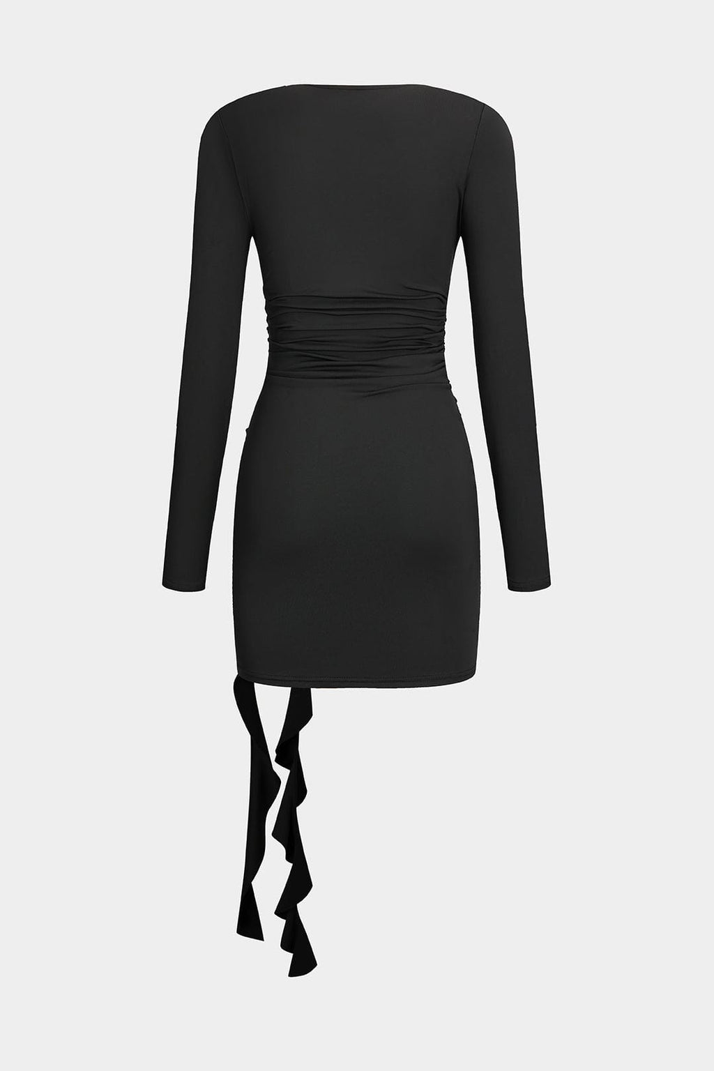 Valeria | Elegante Zwarte Lange Mouwen Mini-jurk – Figuuraccentuerende Pasvorm met Drapering & Rozen Detail