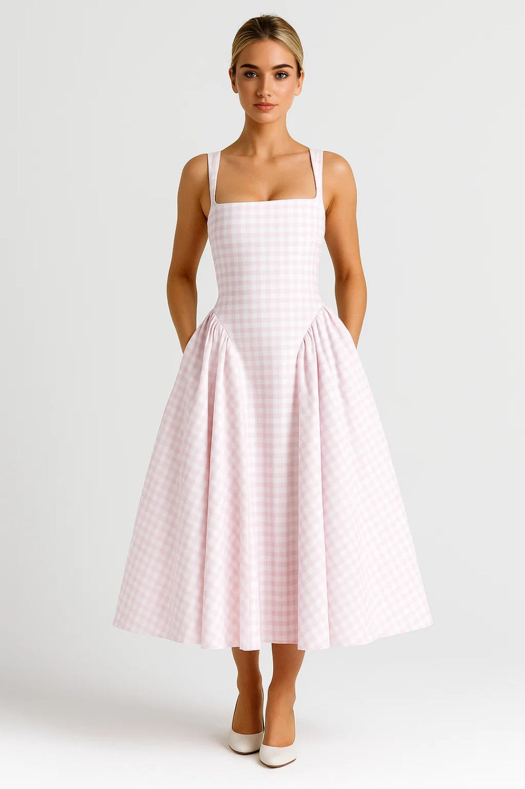 Elegante Strapless Midi Jurk met A Lijn en Ruitpatroon