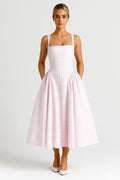 Elegante Strapless Midi Jurk met A Lijn en Ruitpatroon