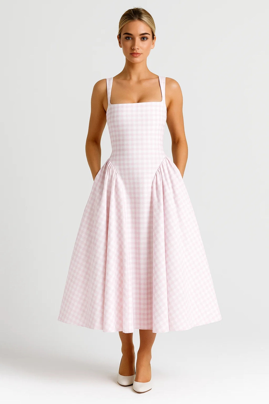 Elegante Strapless Midi Jurk met A Lijn en Ruitpatroon