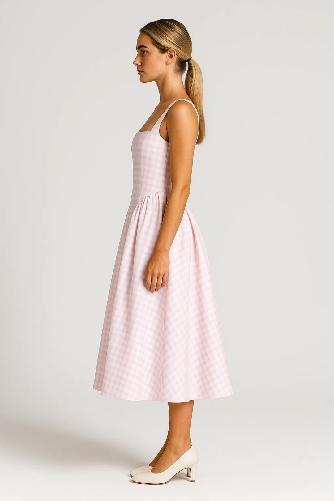 Elegante Strapless Midi Jurk met A Lijn en Ruitpatroon