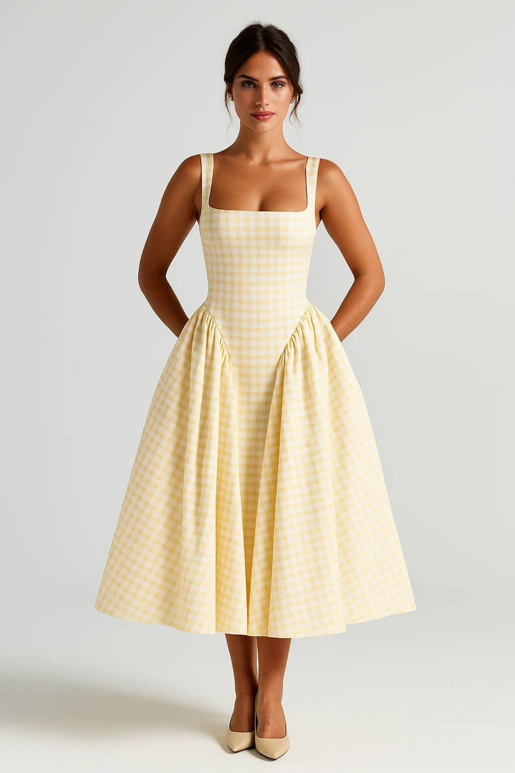 Elegante Strapless Midi Jurk met A Lijn en Ruitpatroon