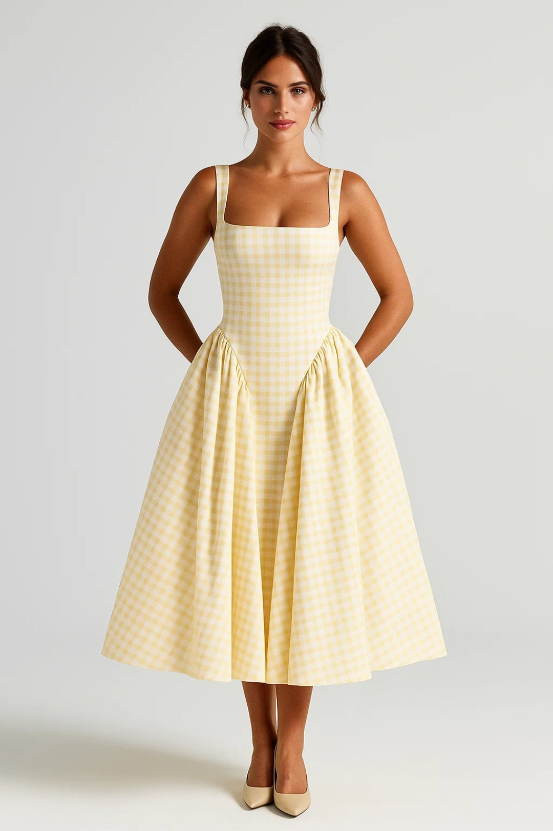 Elegante Strapless Midi Jurk met A Lijn en Ruitpatroon