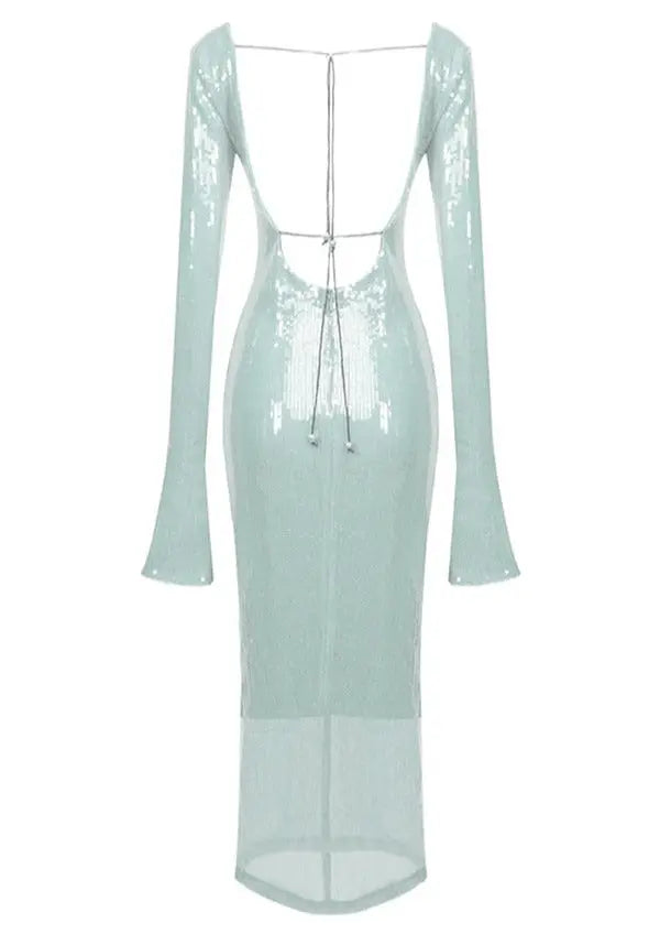 Maya | Spitzen Front Lange Mouwen Mintgroene Glitters Jurk Dames