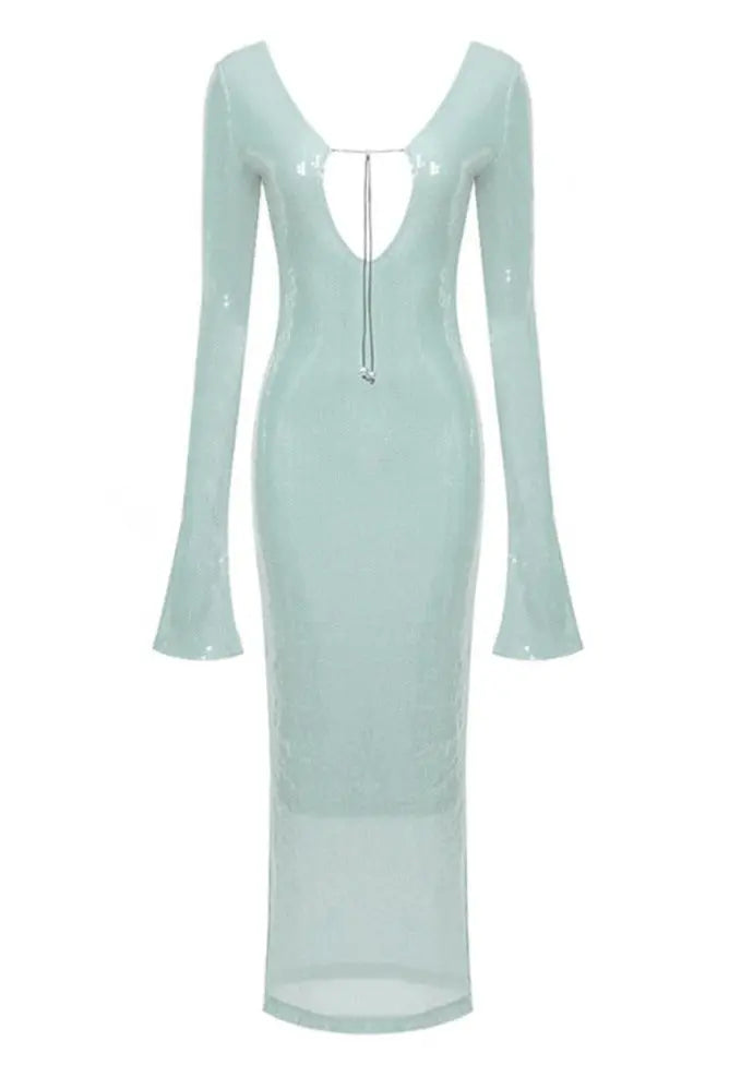 Maya | Spitzen Front Lange Mouwen Mintgroene Glitters Jurk Dames
