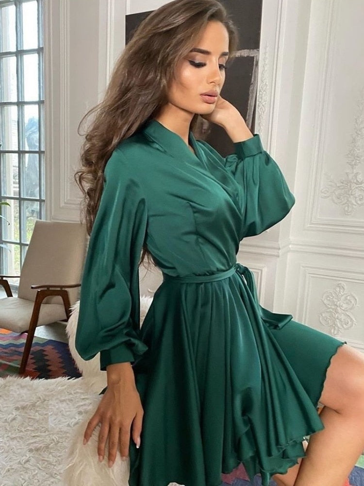 Pauline | Satijnen jurk - Lange mouwen Ruffles
