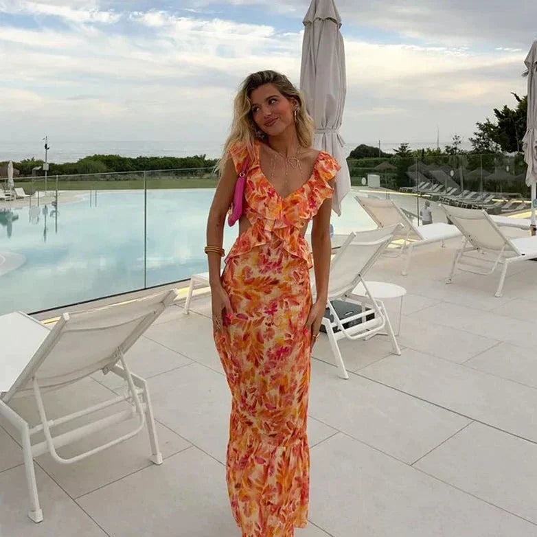 Maxi-jurk met ruches en bloemenpatroon – stijlvolle zomerse look met een vrouwelijke touch
