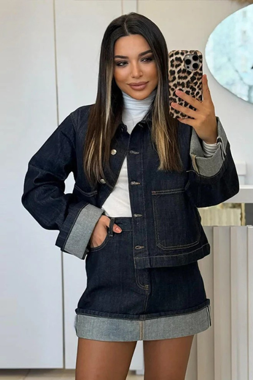 Dames-Denim-Set – Cropped Jeansjacke & High-Waist Minirok met Omslag